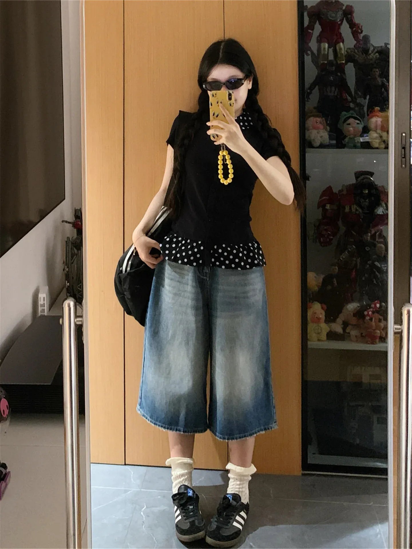 Victorious American Deep Blue Wide Leg Seven-Foot Denim - Korean Fashion