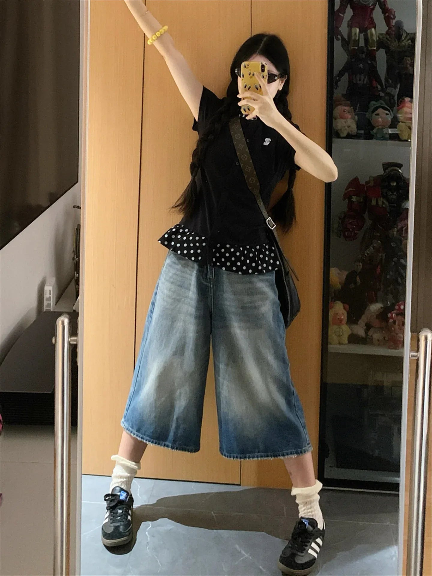 Victorious American Deep Blue Wide Leg Seven-Foot Denim - Korean Fashion