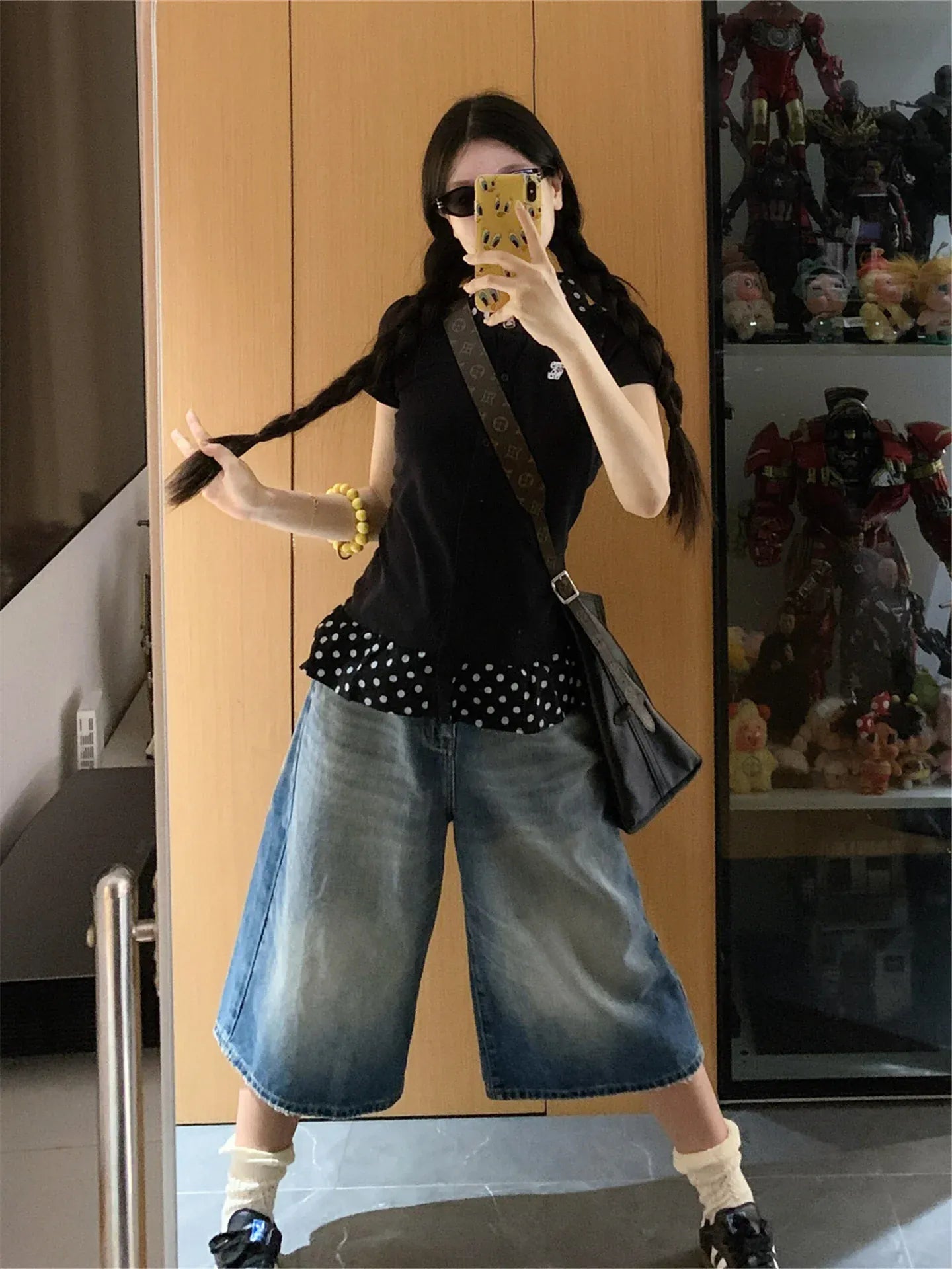 Victorious American Deep Blue Wide Leg Seven-Foot Denim - Korean Fashion