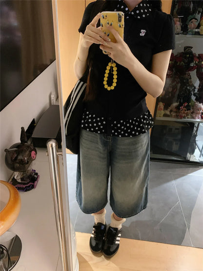 Victorious American Deep Blue Wide Leg Seven-Foot Denim - Korean Fashion