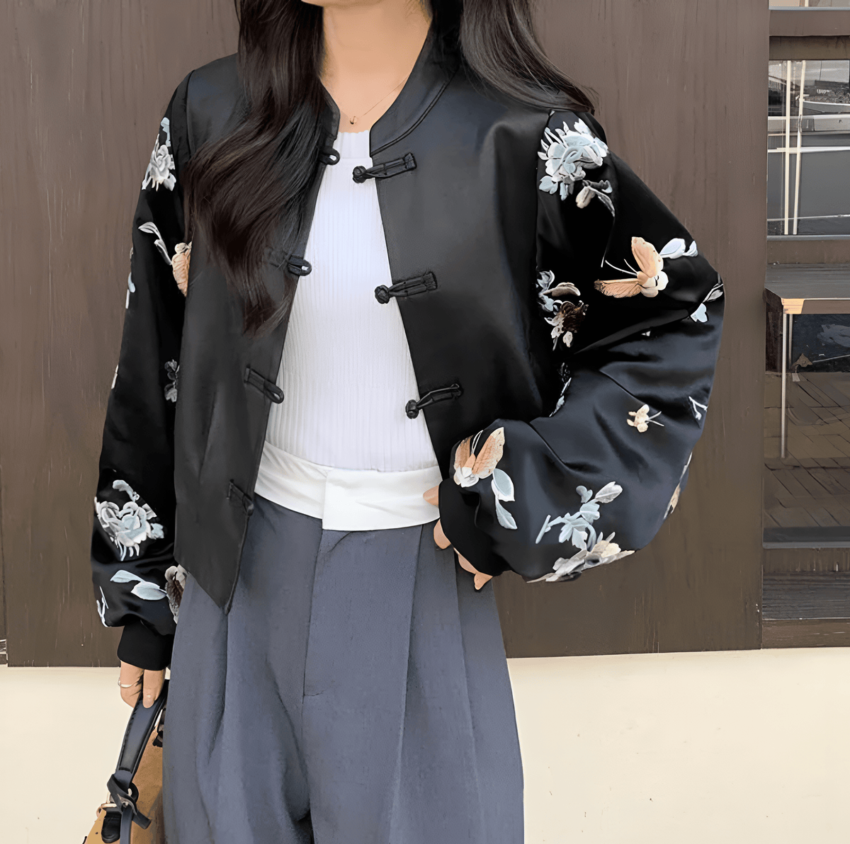 Vintage Embroidery Patchwork Leather Jacket / Women's Leather Coat Long Sleeves