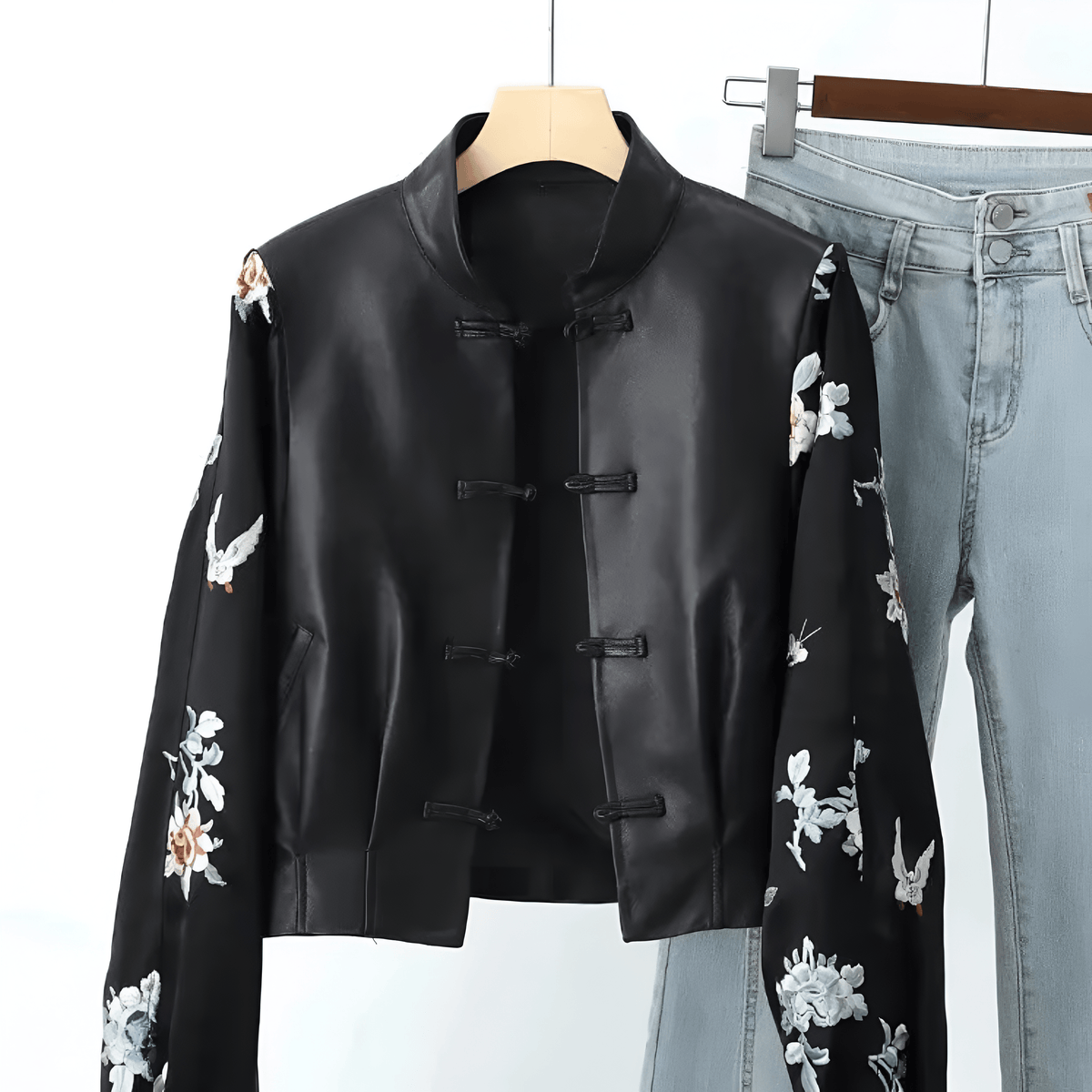 Vintage Embroidery Patchwork Leather Jacket / Women's Leather Coat Long Sleeves