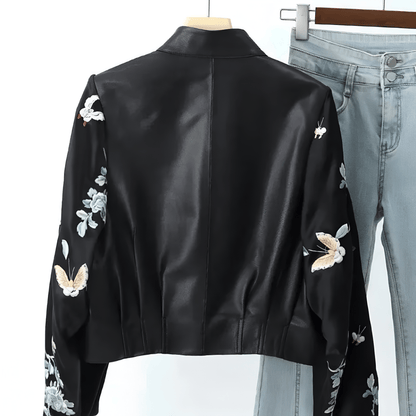 Vintage Embroidery Patchwork Leather Jacket / Women's Leather Coat Long Sleeves