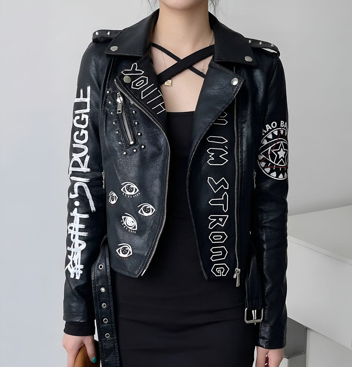 Vintage Graffiti Faux Leather Jacket / Streetwear Moto Biker Belt Coat