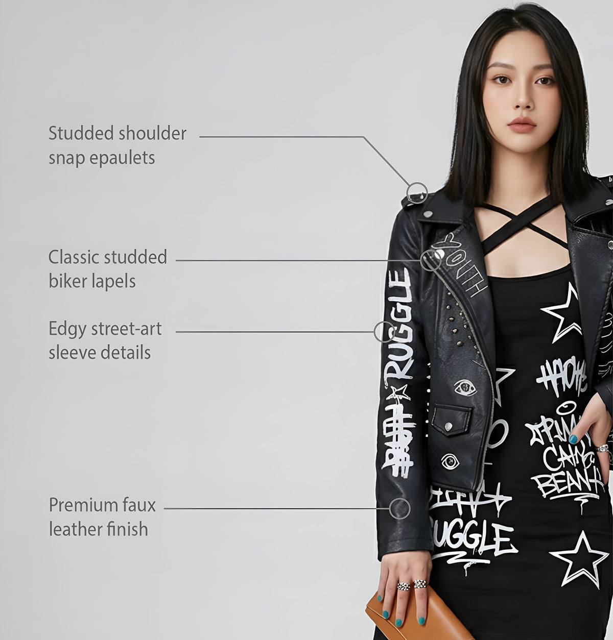 Vintage Graffiti Faux Leather Jacket / Streetwear Moto Biker Belt Coat