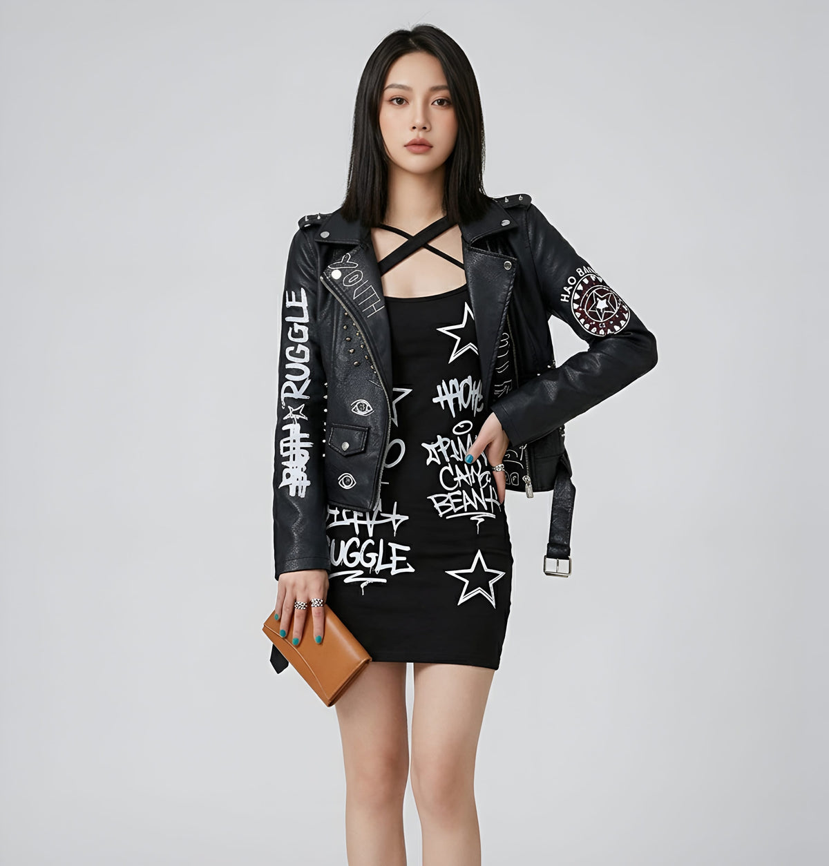 Vintage Graffiti Faux Leather Jacket / Streetwear Moto Biker Belt Coat