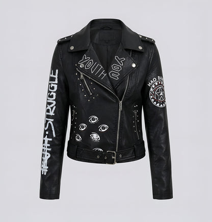 Vintage Graffiti Faux Leather Jacket / Streetwear Moto Biker Belt Coat