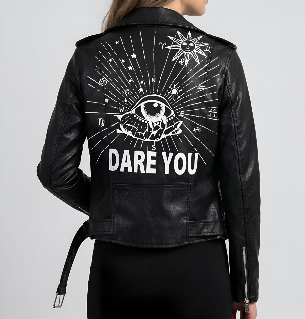 Vintage Graffiti Faux Leather Jacket / Streetwear Moto Biker Belt Coat