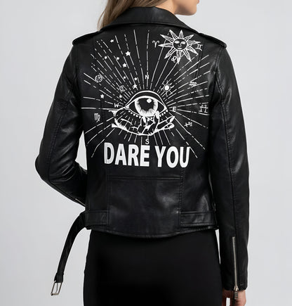 Vintage Graffiti Faux Leather Jacket / Streetwear Moto Biker Belt Coat