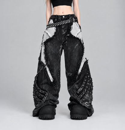 Vintage Patchwork Distressed Jeans / Wide Leg Cargo Pants Women's