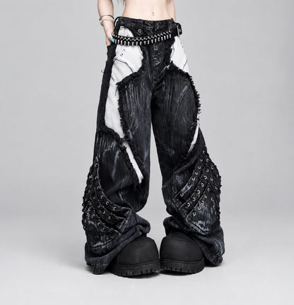 Vintage Patchwork Distressed Jeans / Wide Leg Cargo Pants Women's