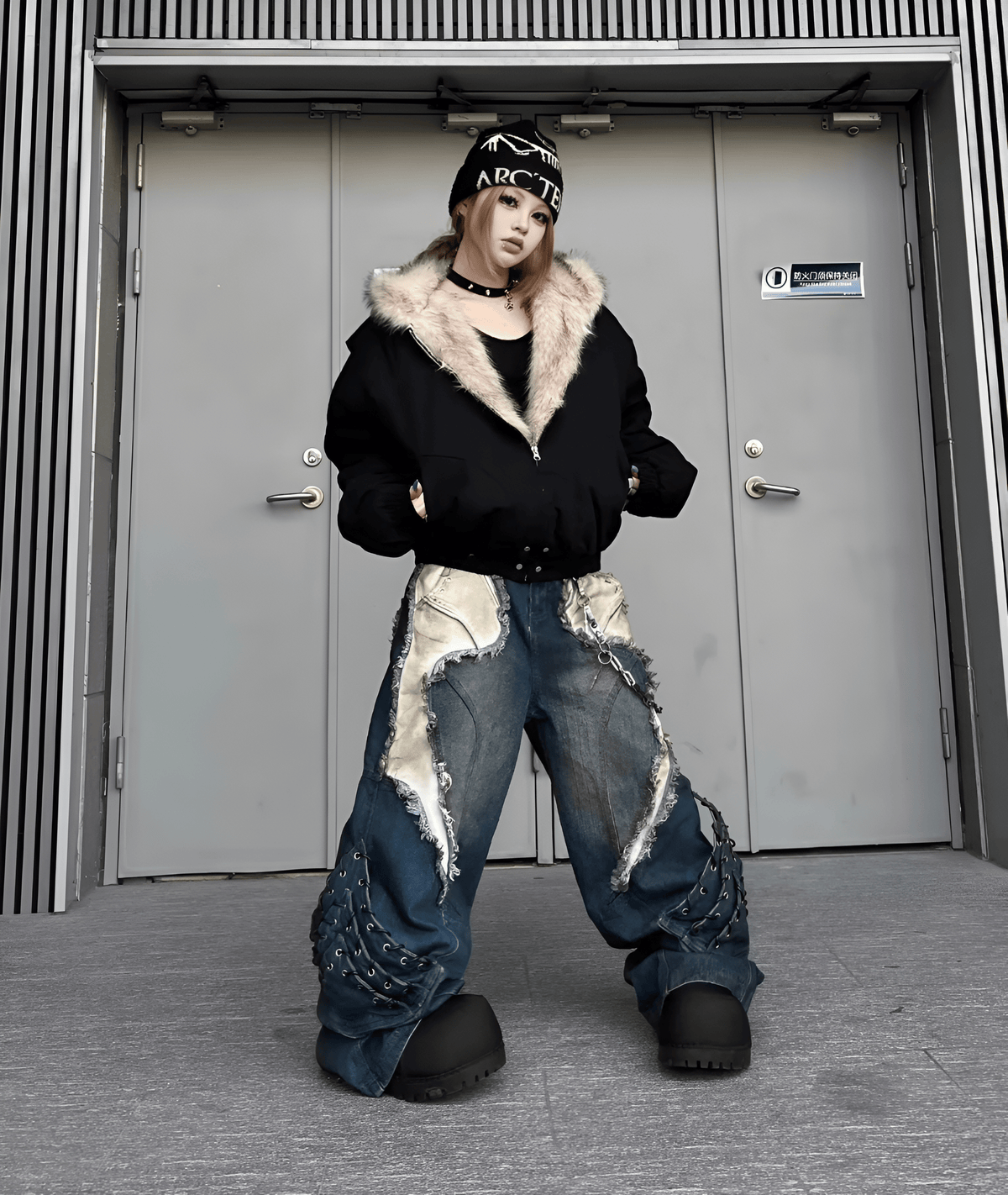 Vintage Patchwork Distressed Jeans / Wide Leg Cargo Pants Women's
