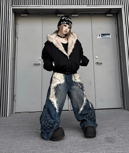 Vintage Patchwork Distressed Jeans / Wide Leg Cargo Pants Women's