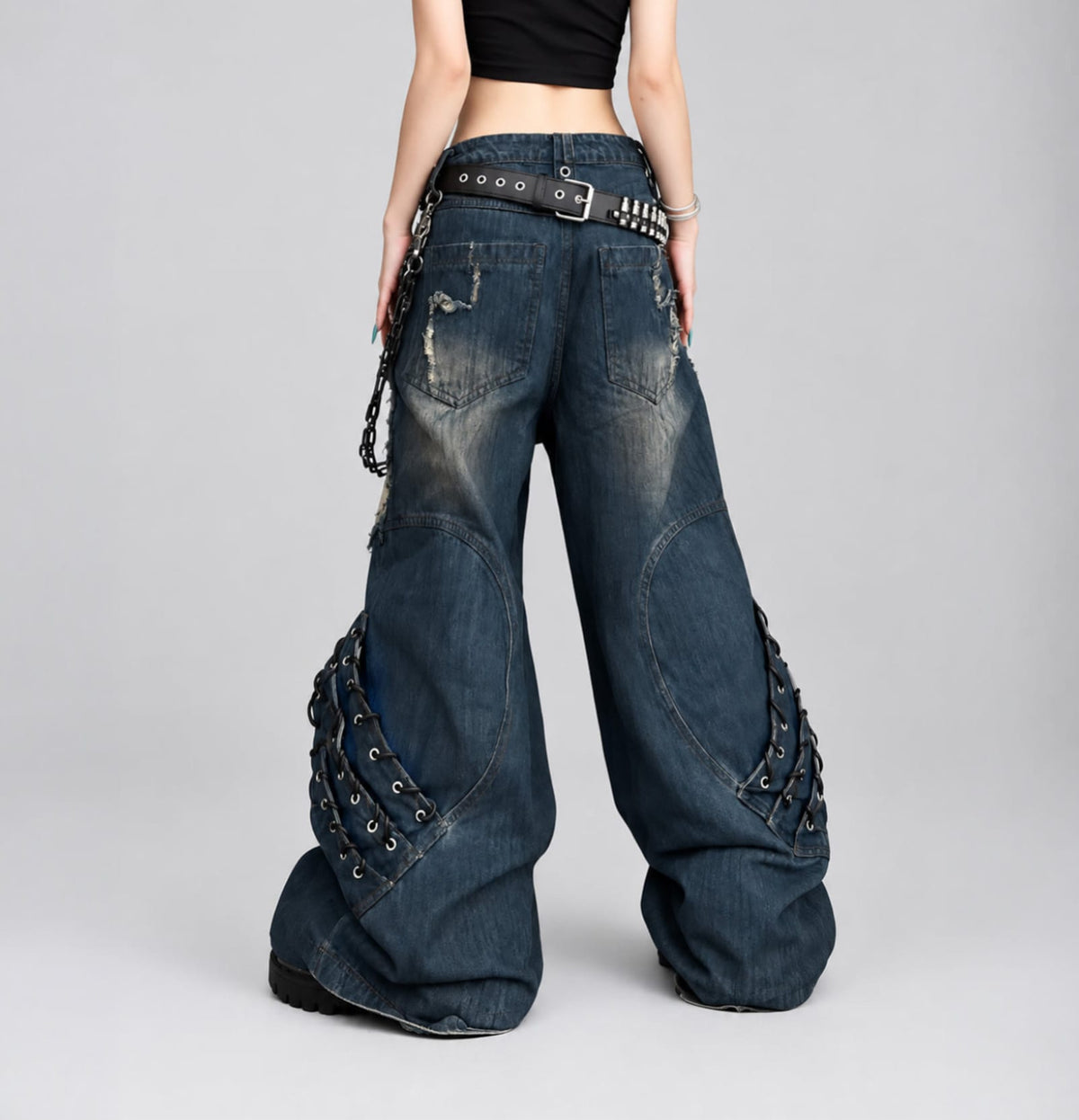 Vintage Patchwork Distressed Jeans / Wide Leg Cargo Pants Women's