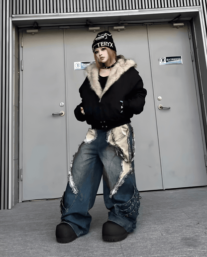 Vintage Patchwork Distressed Jeans / Wide Leg Cargo Pants Women's