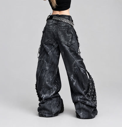 Vintage Patchwork Distressed Jeans / Wide Leg Cargo Pants Women's