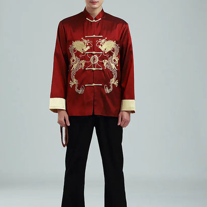 Vintage-style Men's Long-sleeve Jacket with Gold Embroidered Chinese Dragon Design; Available in Black, Gray, Blue, and Red.