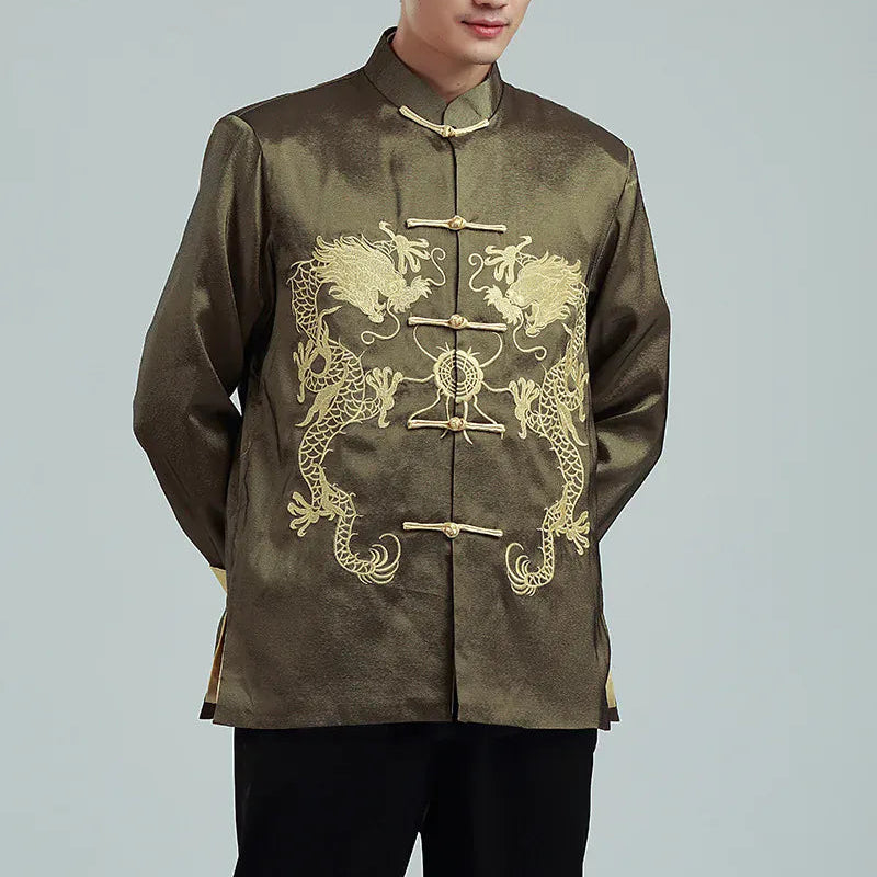 Vintage-style Men's Long-sleeve Jacket with Gold Embroidered Chinese Dragon Design; Available in Black, Gray, Blue, and Red.