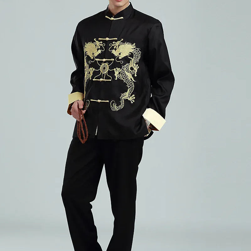 Vintage-style Men's Long-sleeve Jacket with Gold Embroidered Chinese Dragon Design; Available in Black, Gray, Blue, and Red.