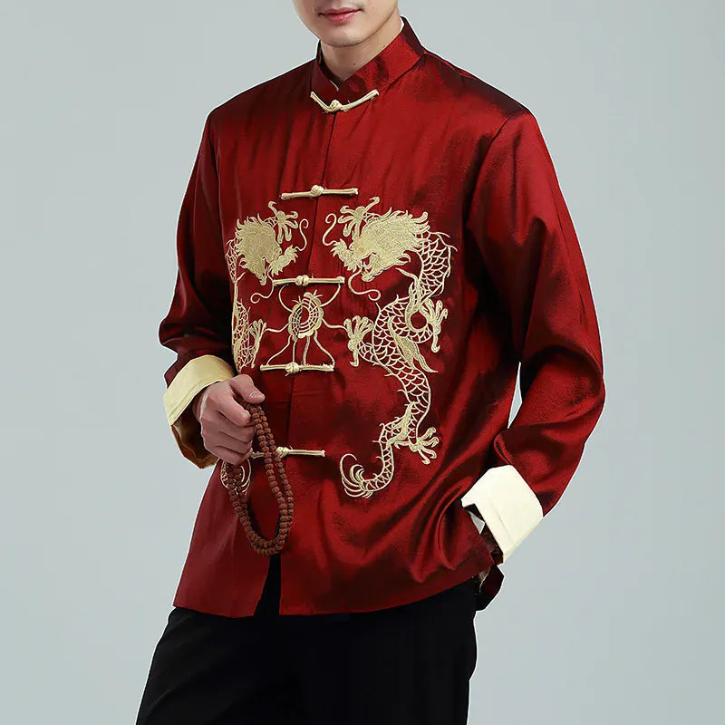 Vintage-style Men's Long-sleeve Jacket with Gold Embroidered Chinese Dragon Design; Available in Black, Gray, Blue, and Red.