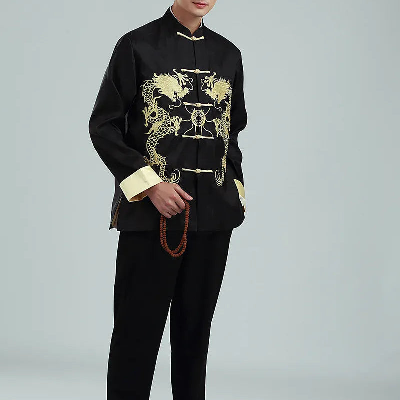 Vintage-style Men's Long-sleeve Jacket with Gold Embroidered Chinese Dragon Design; Available in Black, Gray, Blue, and Red.