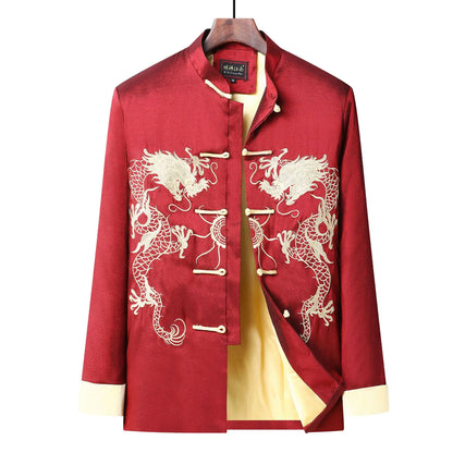Vintage-style Men's Long-sleeve Jacket with Gold Embroidered Chinese Dragon Design; Available in Black, Gray, Blue, and Red.