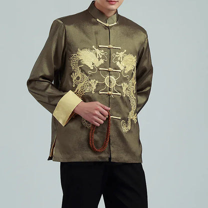 Vintage-style Men's Long-sleeve Jacket with Gold Embroidered Chinese Dragon Design; Available in Black, Gray, Blue, and Red.