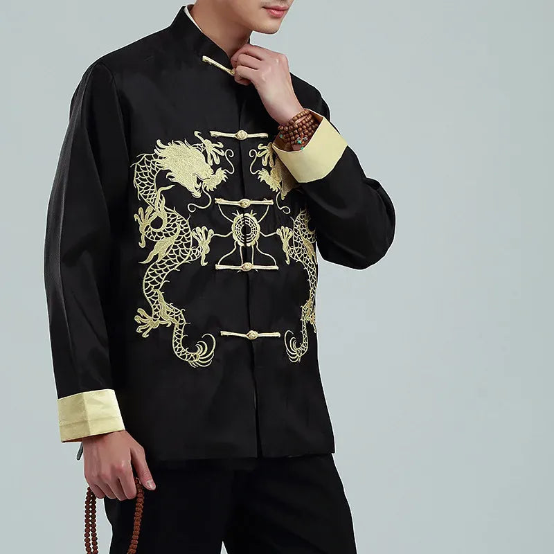 Vintage-style Men's Long-sleeve Jacket with Gold Embroidered Chinese Dragon Design; Available in Black, Gray, Blue, and Red.