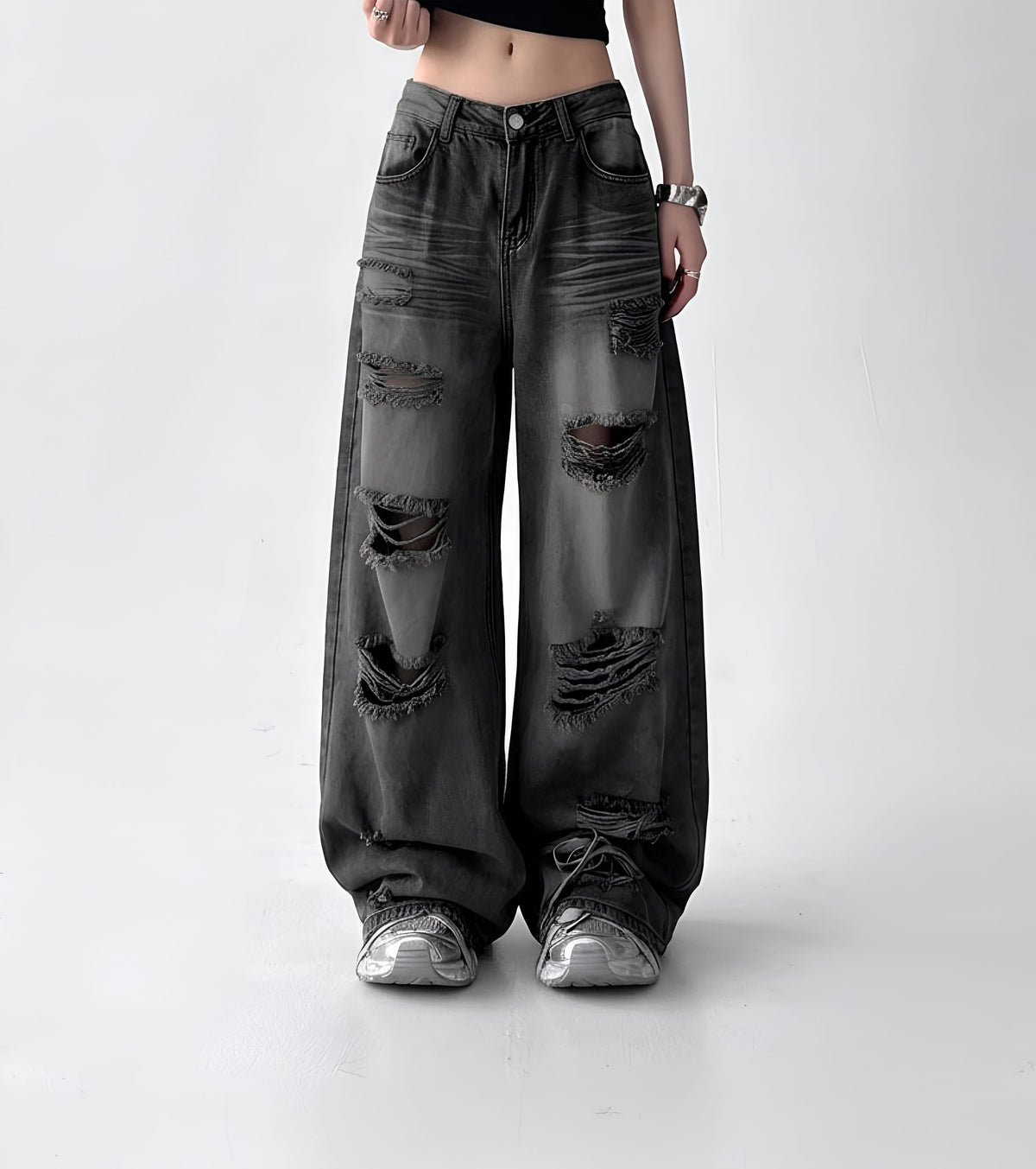 Washed Black / XS Vintage Trend Ripped Jeans / White Washed Jeans