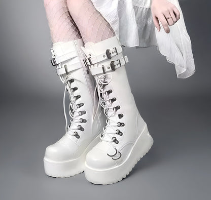 White / 35 Knee High Black Lace Up Gothic Boots (Victorious Kurohana Requiem Boots)