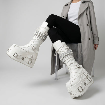 white / 45 Metal Decor Platform Boots Knee High Women Leather Spikes Buckle Lace Up Front Goth Punk Rock Motorcycle Combat Boot Fashion New