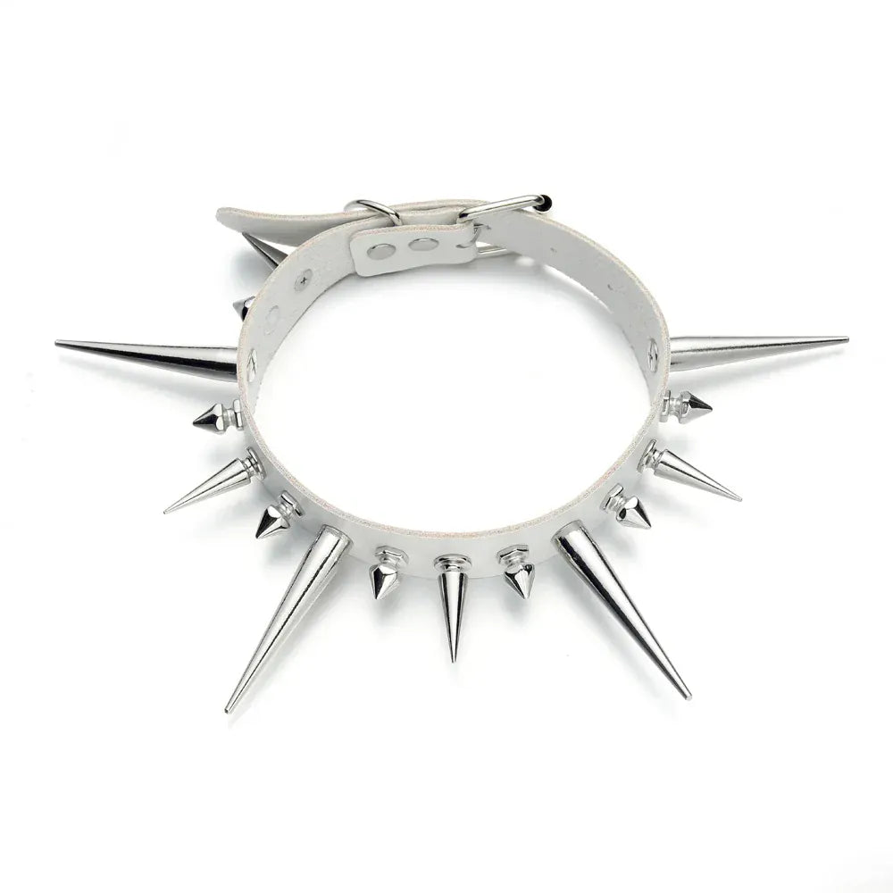 white Long Spike Choker Punk Faux Leather Collar For Women & Men / Goth Necklace Accessories
