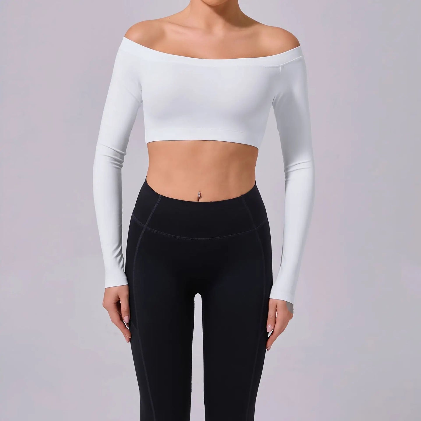 WHITE / M Fashion Long Sleeve Slash Neck Sports Top Women Crop Top for Fitness Yoga Wear Fashion Sports Short T-shirt Gym Workout Shirt