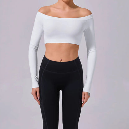 WHITE / M Fashion Long Sleeve Slash Neck Sports Top Women Crop Top for Fitness Yoga Wear Fashion Sports Short T-shirt Gym Workout Shirt