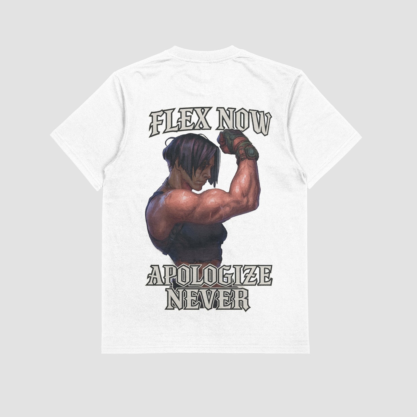 White / M Sevika "Flex Now, Appologize Never" Gym T-shirt (Oversized)