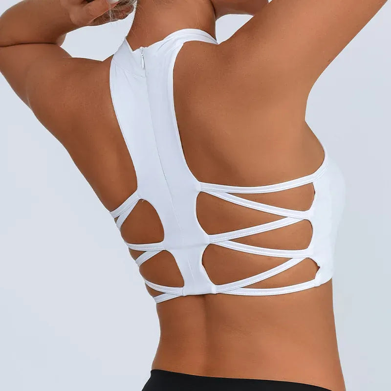 White / M Sheer Mesh Yoga Bra / Beauty Back Inner Wearing Hollow-out Workout Bra (Victorious Astro Nexus)