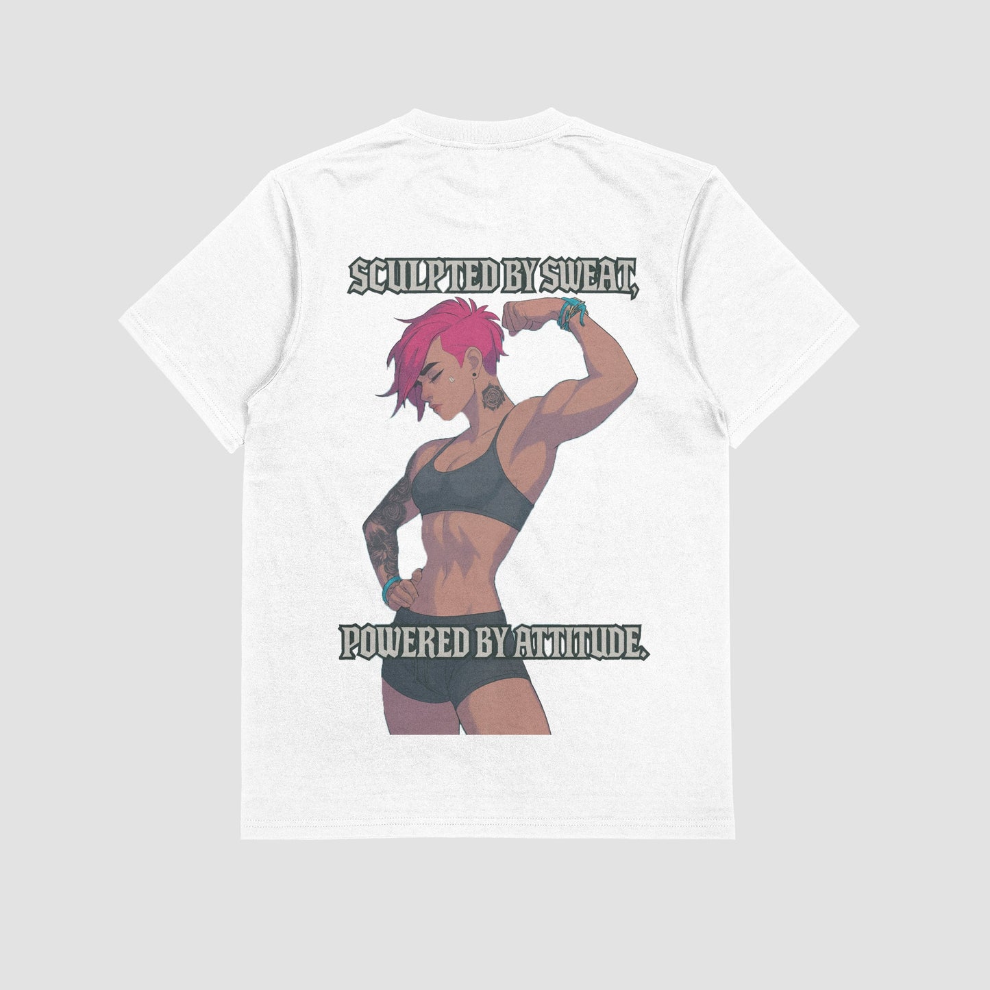 White / M Vi "Sculpted by sweat, Powered by attitude" Gym T-shirt (Oversized)