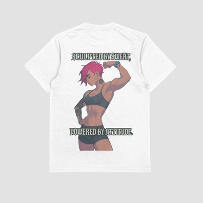 White / M Vi "Sculpted by sweat, Powered by attitude" Gym T-shirt (Oversized)