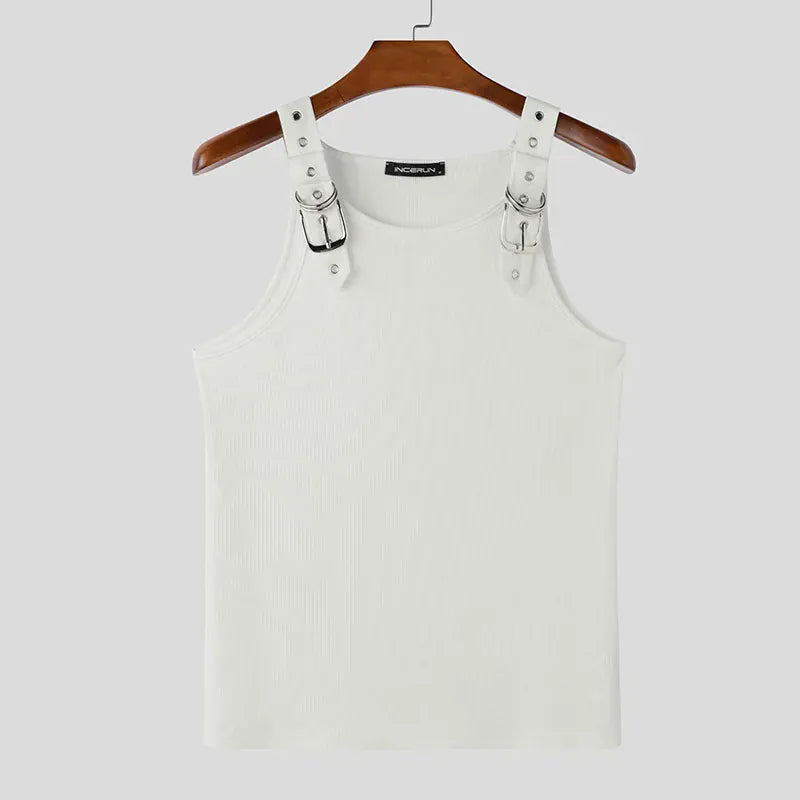 White / S Buckle Belt Straps Ribbed Tank Top