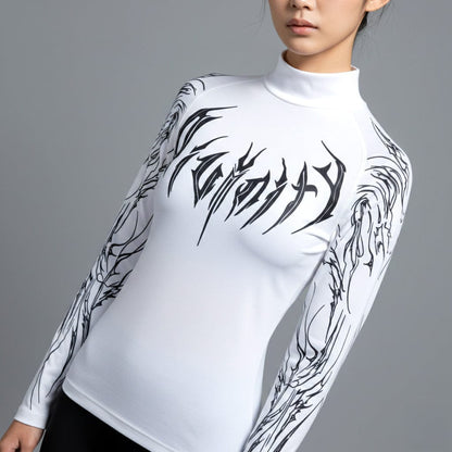 White / S Cyber Sigil Long Sleeve Sports T-shirt / Korean Fashion Gothic Shirt