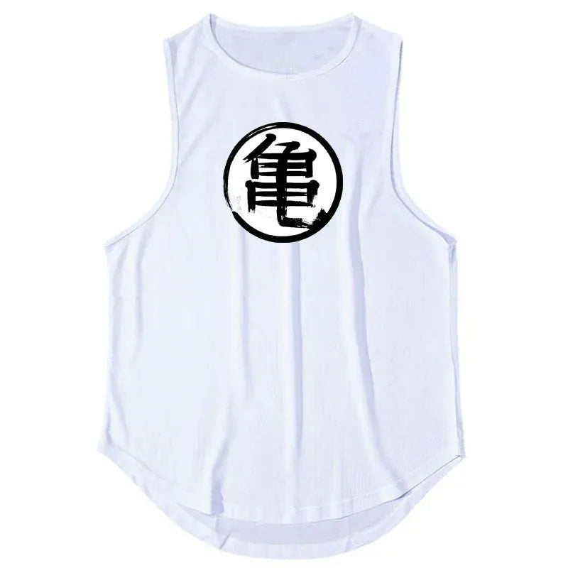 White / S Japanese Turtle Script Printed Mens Gym Tank Top / Quick Dry Bodybuilding Tank Top
