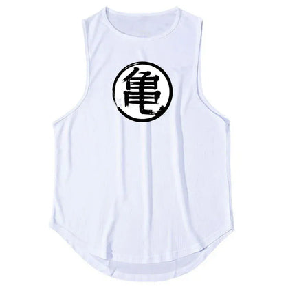 White / S Japanese Turtle Script Printed Mens Gym Tank Top / Quick Dry Bodybuilding Tank Top