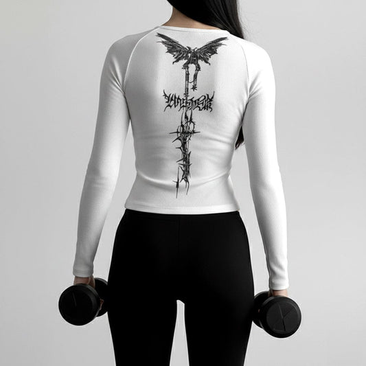 White / S Women Cyber Sigil Long Sleeve Korean Fashion Activewear