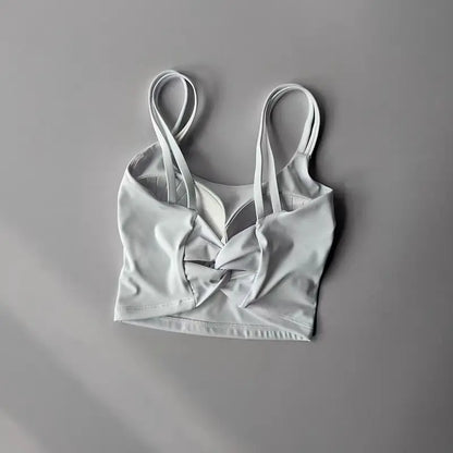 White / S Women's Back knotted Sports Bra / High Impact Gym (Victorious Titanium Mesh)