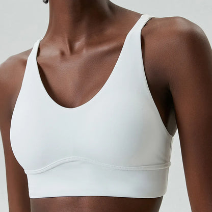 White / S Women's Buttery Soft V-Neckline Sports Bra / Gym Bra High Impact (Victorious TechWeave)