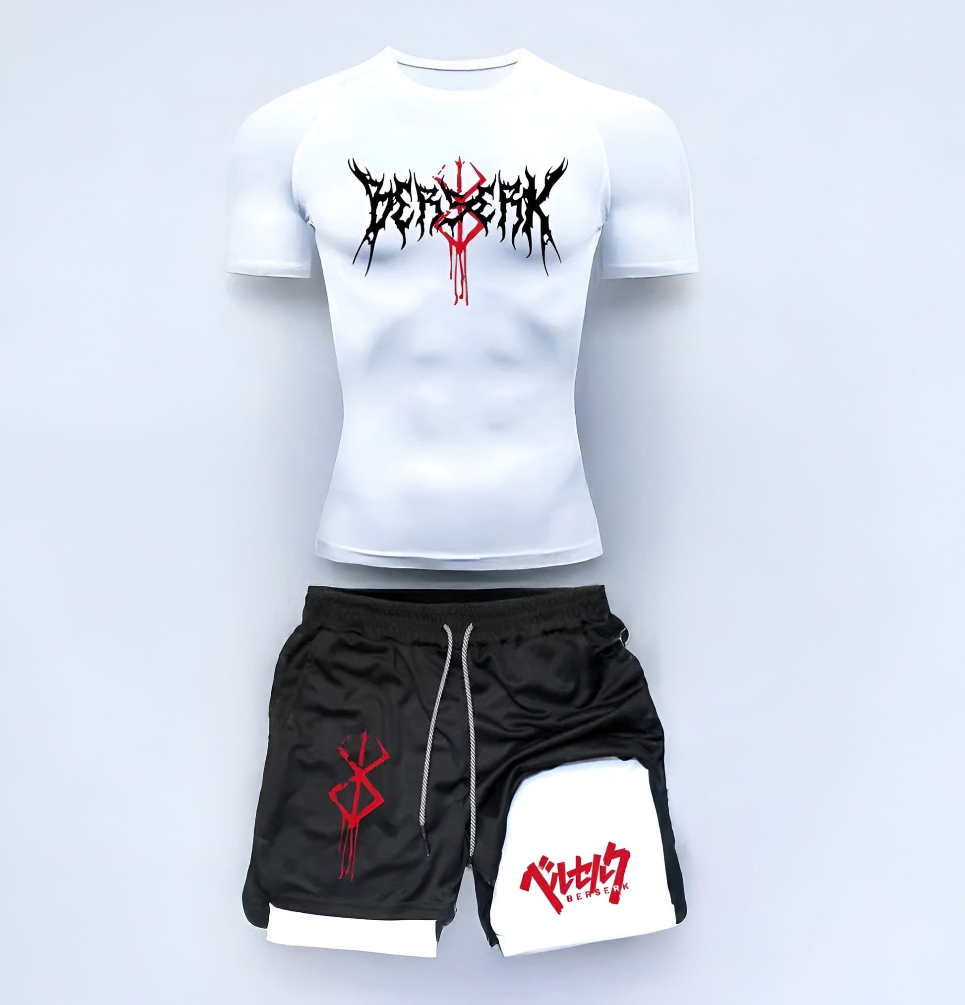 White Shirt & Black Shorts / S Anime Berserk Compression Set /Workout Gym Tshirts & Breathable Running Shorts