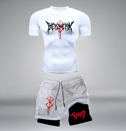 White Shirt & White Shorts / S Anime Berserk Compression Set /Workout Gym Tshirts & Breathable Running Shorts