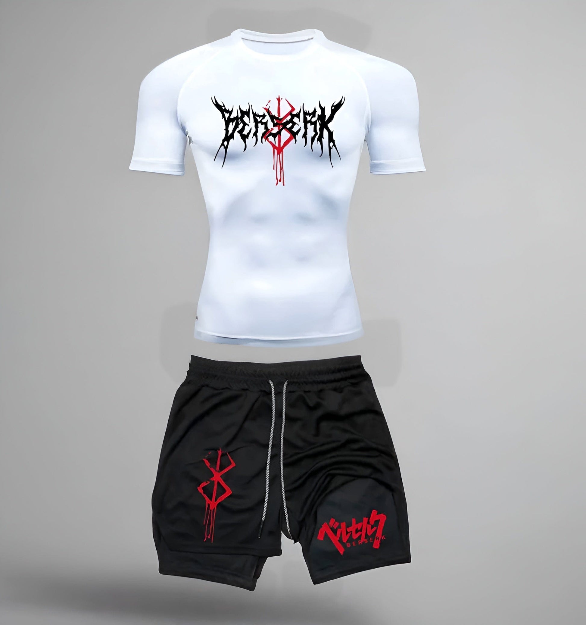 White Shirts & Black Shorts w/ Black Lining / S Anime Berserk Compression Set /Workout Gym Tshirts & Breathable Running Shorts