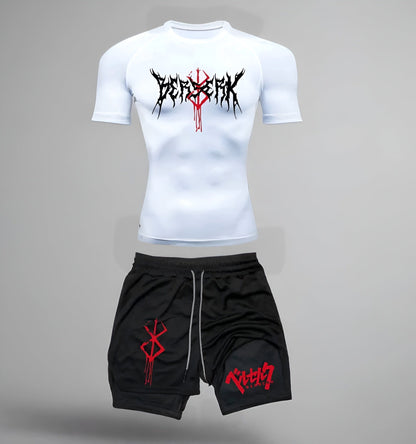 White Shirts & Black Shorts w/ Black Lining / S Anime Berserk Compression Set /Workout Gym Tshirts & Breathable Running Shorts