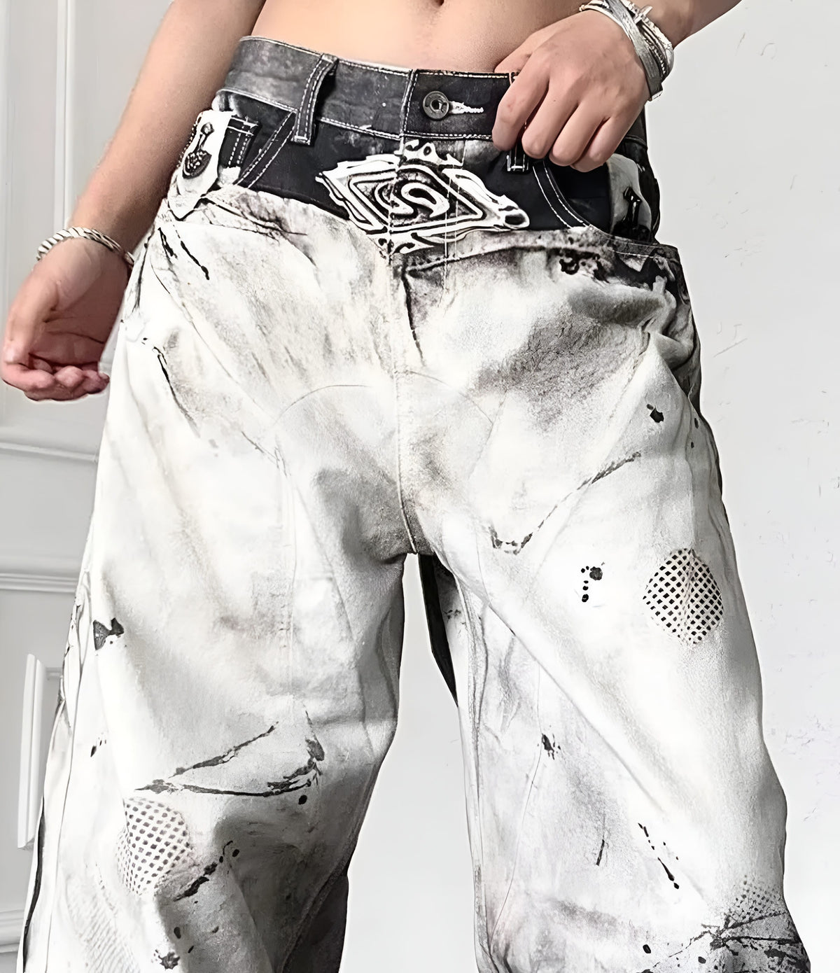 White Washed Pattern High Waist Unisex Baggy Trousers